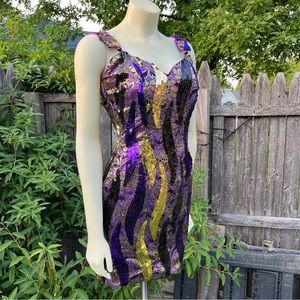Vintage 80’s 90’s Sequin Gold & Purple Mardi Gras Minidress XS